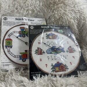 (2) VTG Stitch 'N Time 5953 On Time Tracks 923 Gone Fishin' Cross Stitch Clock